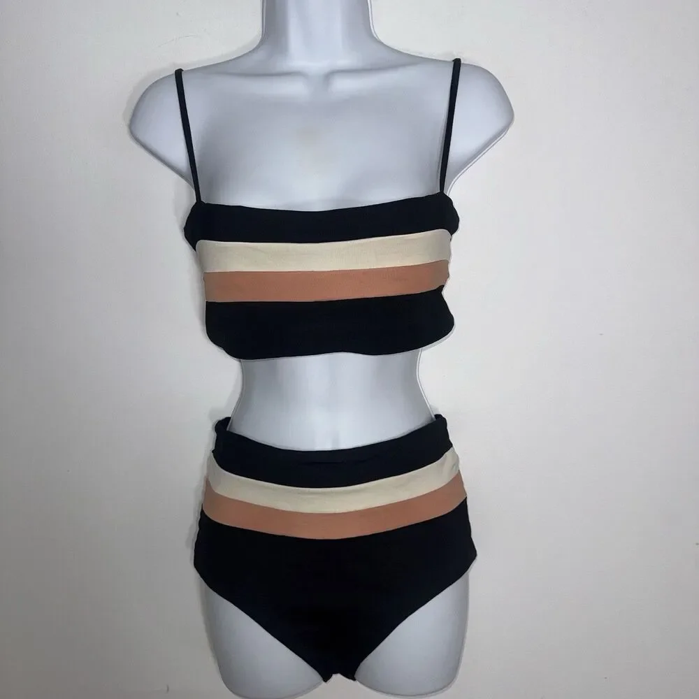 L*Space Rebel Stripe Top Portia Stripe High Waist Bikini Bottom Medium Black USA